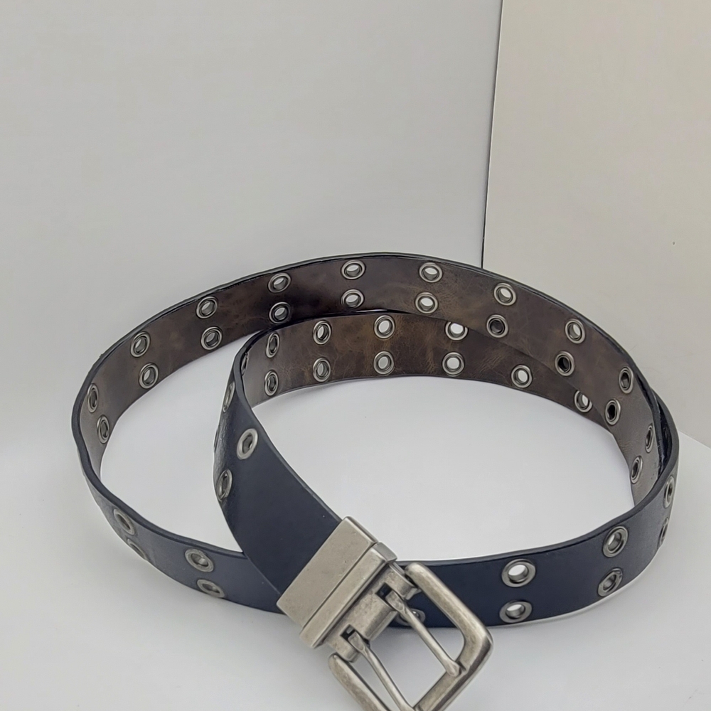 XL / 46" Black and Brown Double Grommet Leather Belt with Silver Buckle